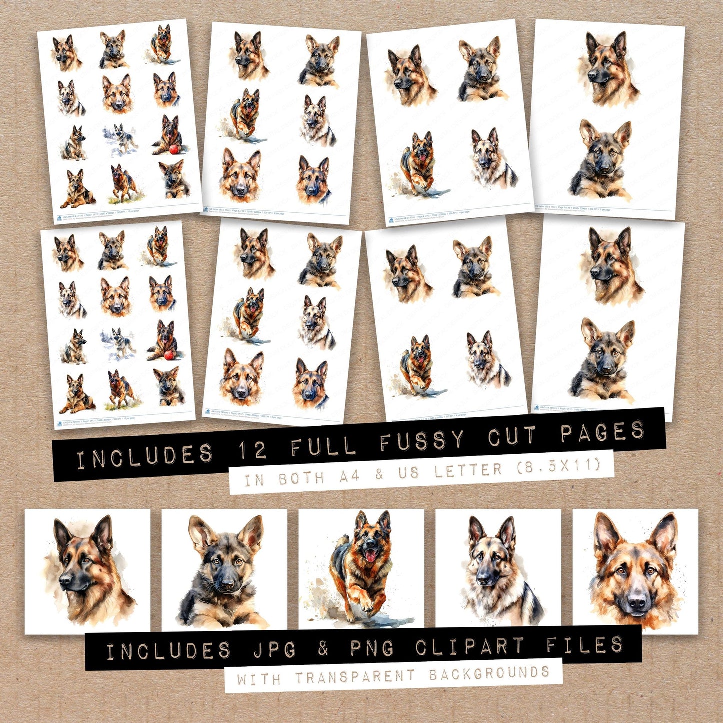 Full collection view of Watercolour German Shepherd fussy cut sheets with bonus clipart JPG and PNG files