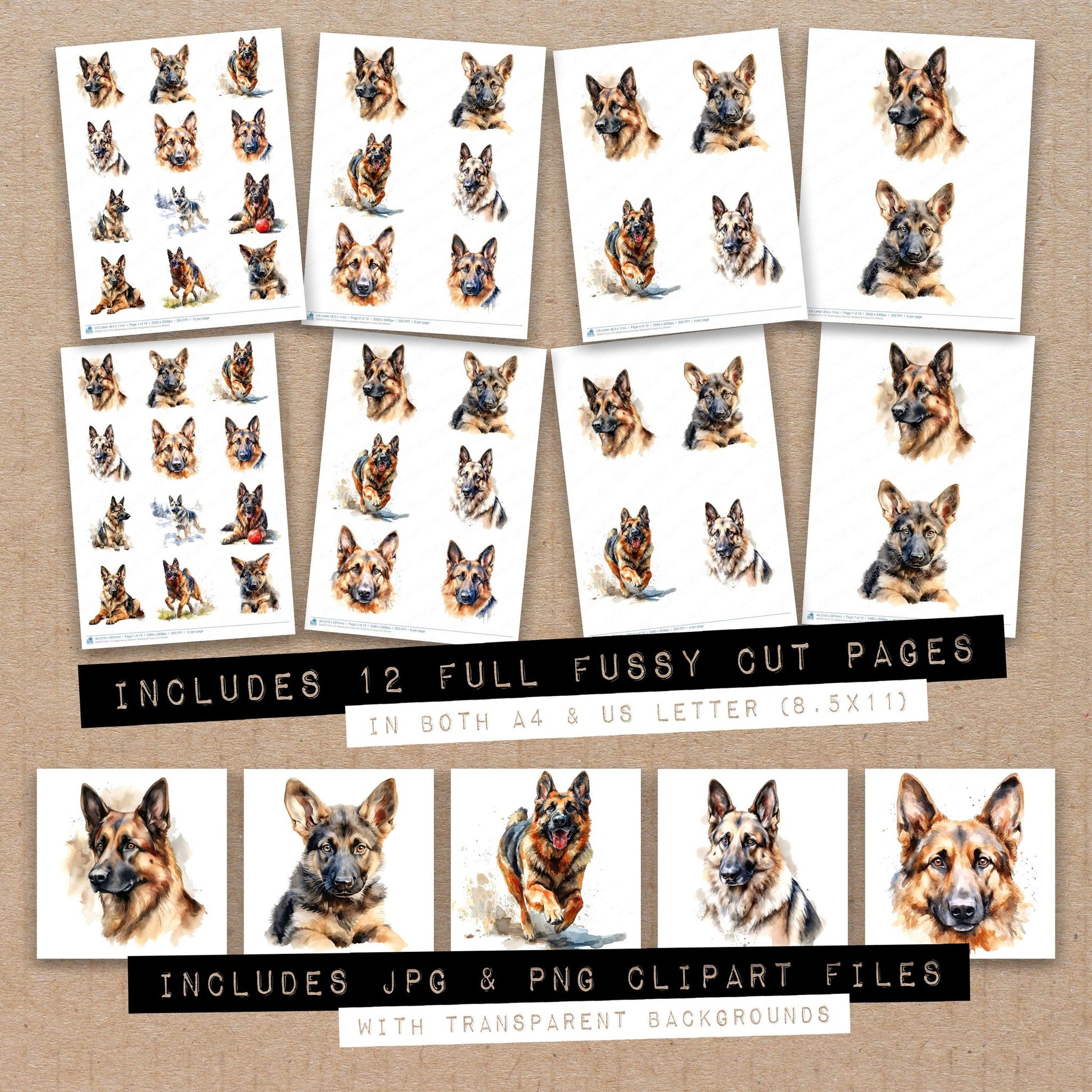 Full collection view of Watercolour German Shepherd fussy cut sheets with bonus clipart JPG and PNG files