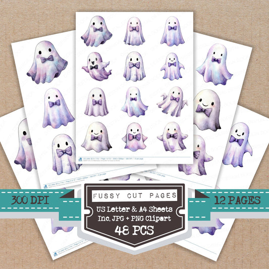 Watercolour Ghost Bow Tie fussy cut printable sheets for junk journaling, scrapbooking, and paper craft projects