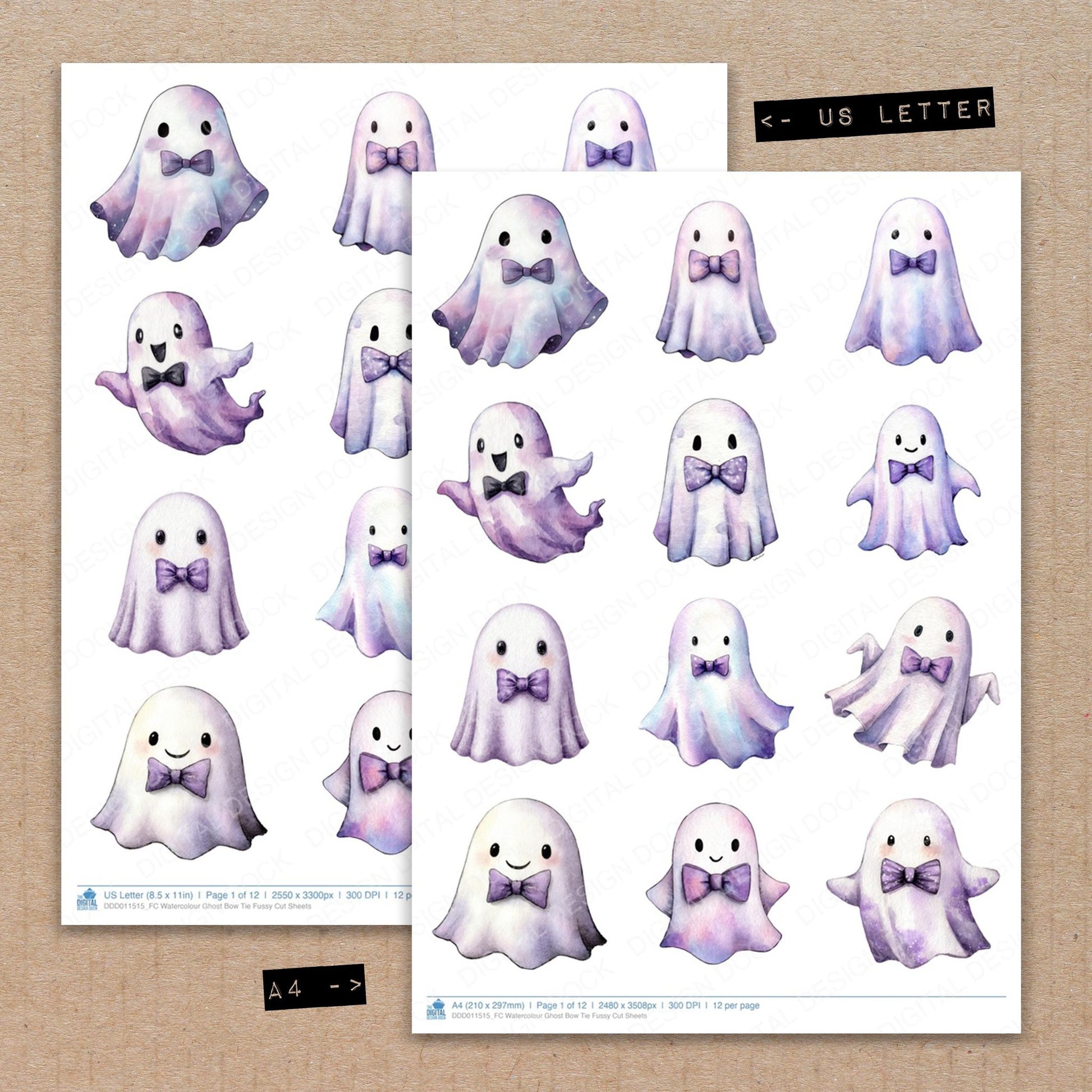 A4 and US Letter format comparison showing Watercolour Ghost Bow Tie fussy cut pages for print and cut crafting