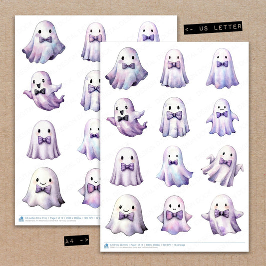 A4 and US Letter format comparison showing Watercolour Ghost Bow Tie fussy cut pages for print and cut crafting
