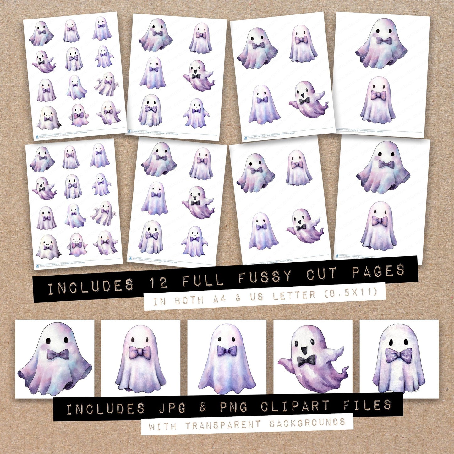 Full collection view of Watercolour Ghost Bow Tie fussy cut sheets with bonus clipart JPG and PNG files