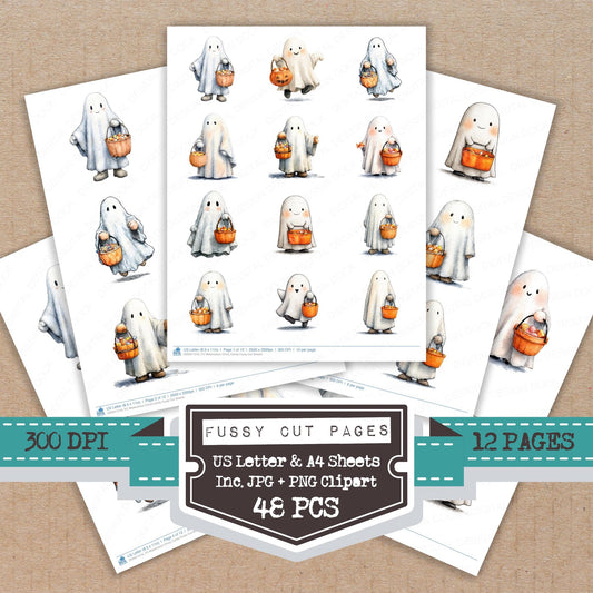 Watercolour Ghost Candy fussy cut printable sheets for junk journaling, scrapbooking, and paper craft projects