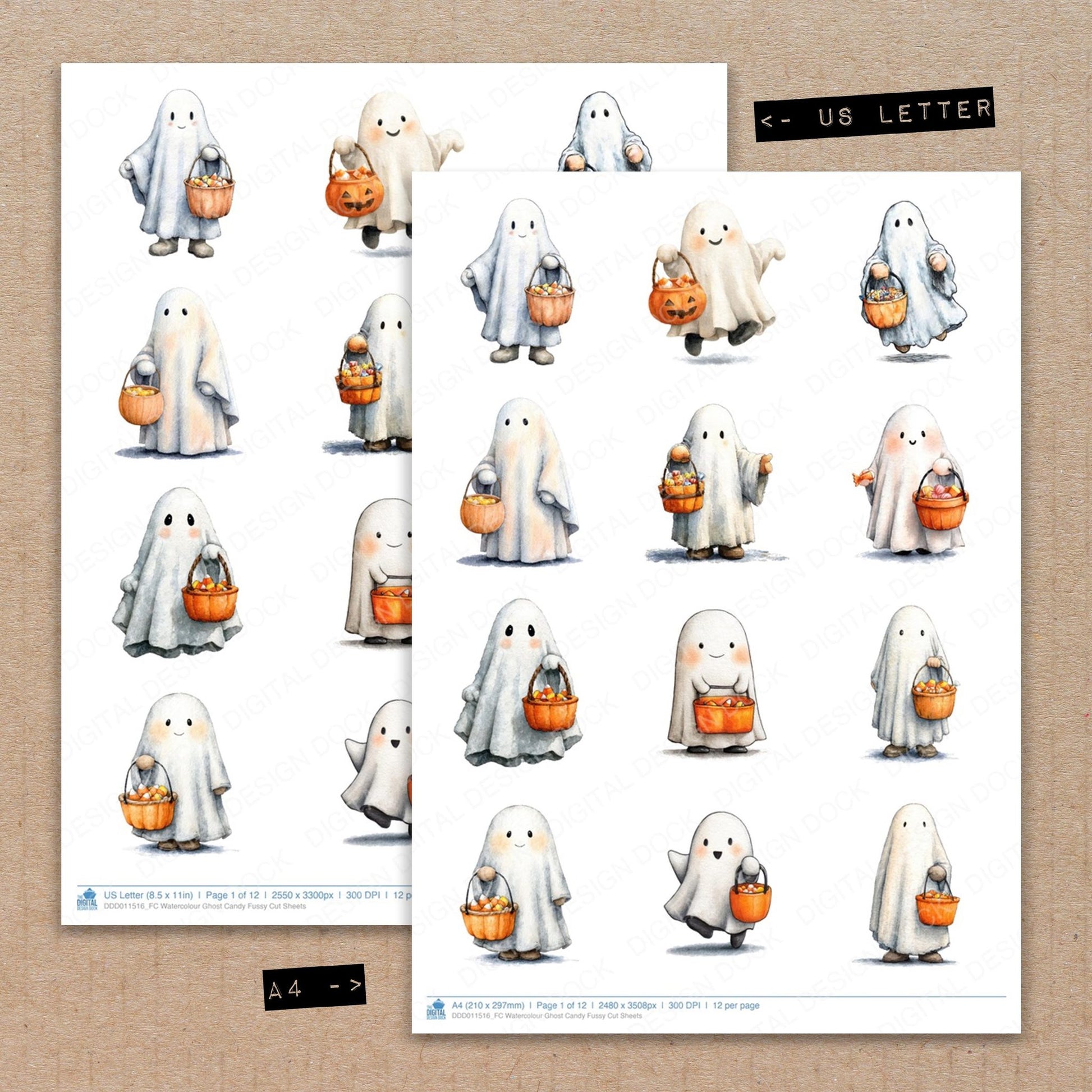A4 and US Letter format comparison showing Watercolour Ghost Candy fussy cut pages for print and cut crafting