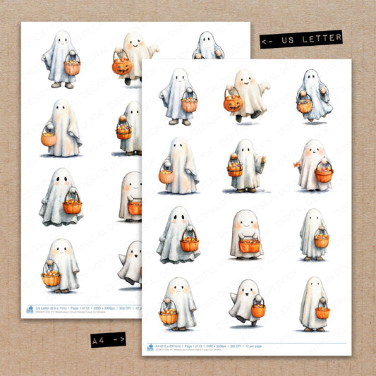 A4 and US Letter format comparison showing Watercolour Ghost Candy fussy cut pages for print and cut crafting