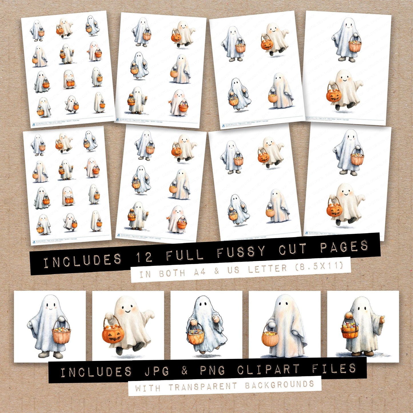 Full collection view of Watercolour Ghost Candy fussy cut sheets with bonus clipart JPG and PNG files