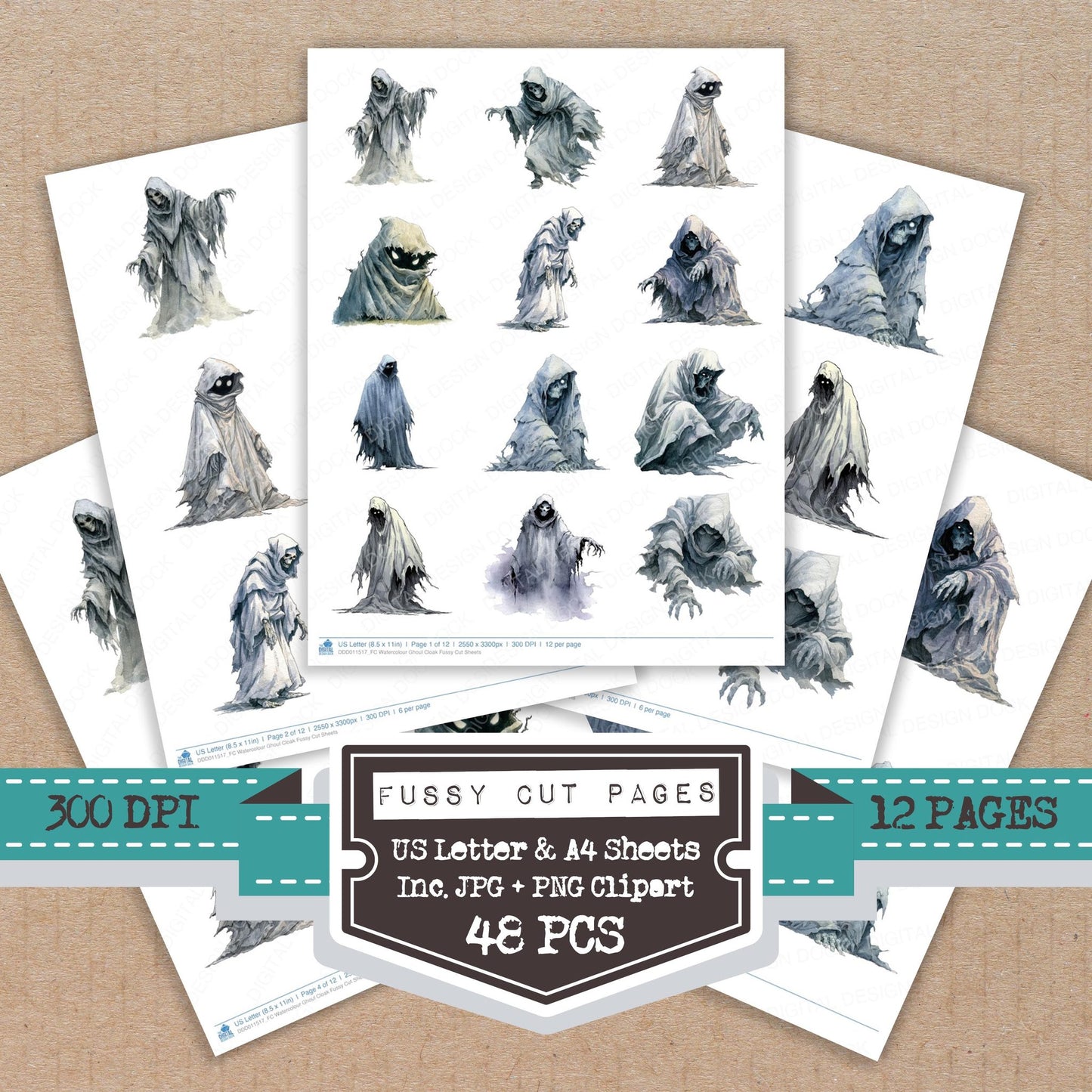Watercolour Ghoul Cloak fussy cut printable sheets for junk journaling, scrapbooking, and paper craft projects