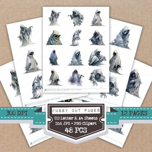 Watercolour Ghoul Cloak fussy cut printable sheets for junk journaling, scrapbooking, and paper craft projects