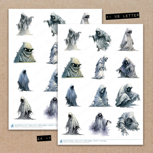 A4 and US Letter format comparison showing Watercolour Ghoul Cloak fussy cut pages for print and cut crafting