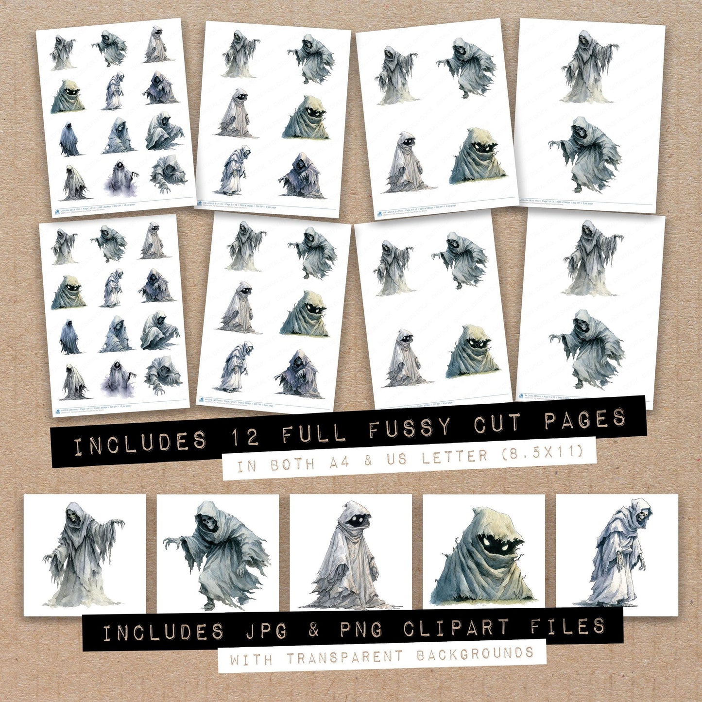 Full collection view of Watercolour Ghoul Cloak fussy cut sheets with bonus clipart JPG and PNG files