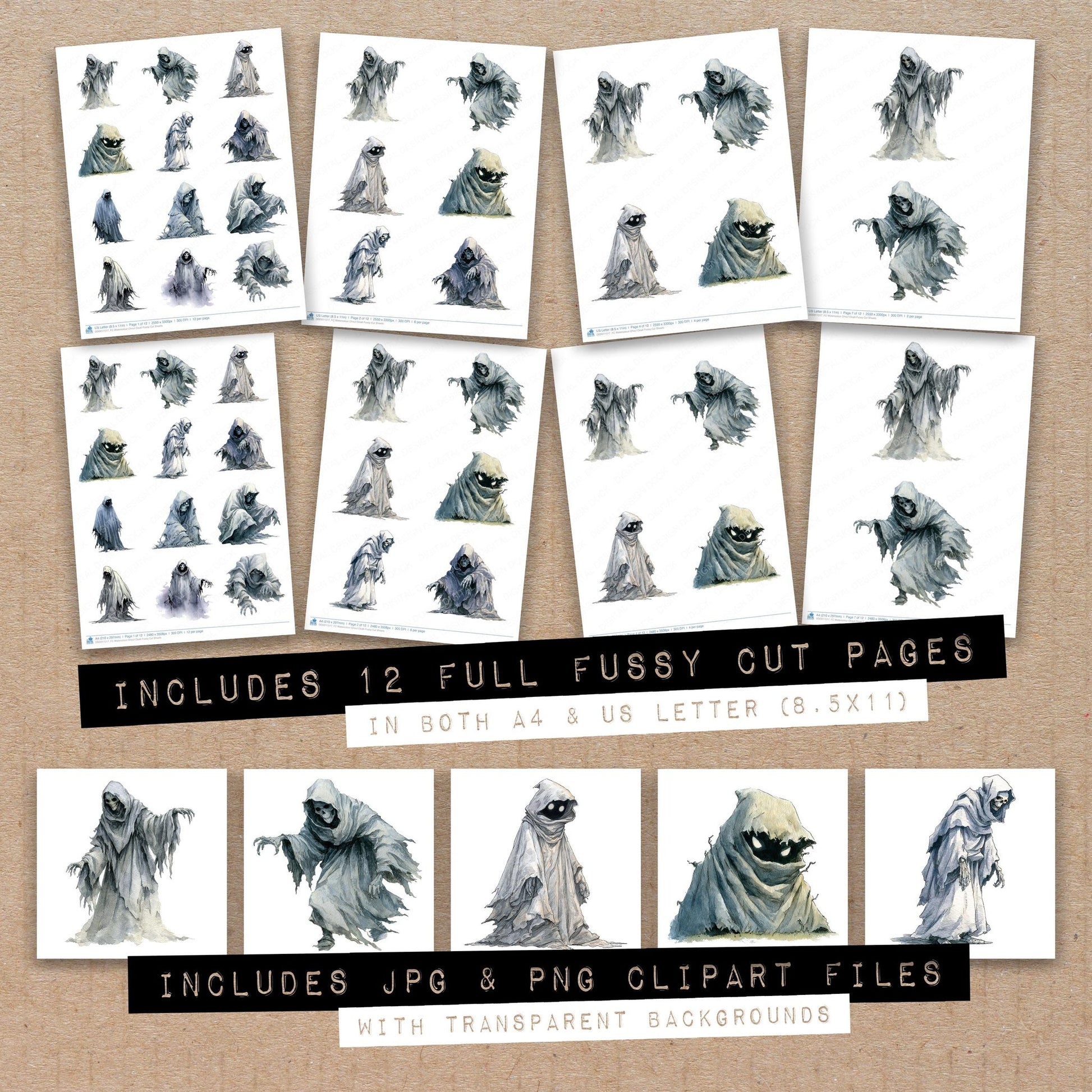Full collection view of Watercolour Ghoul Cloak fussy cut sheets with bonus clipart JPG and PNG files