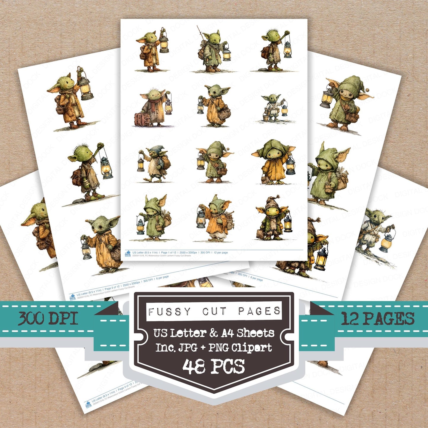 Watercolour Goblin Lantern fussy cut printable sheets for junk journaling, scrapbooking, and paper craft projects