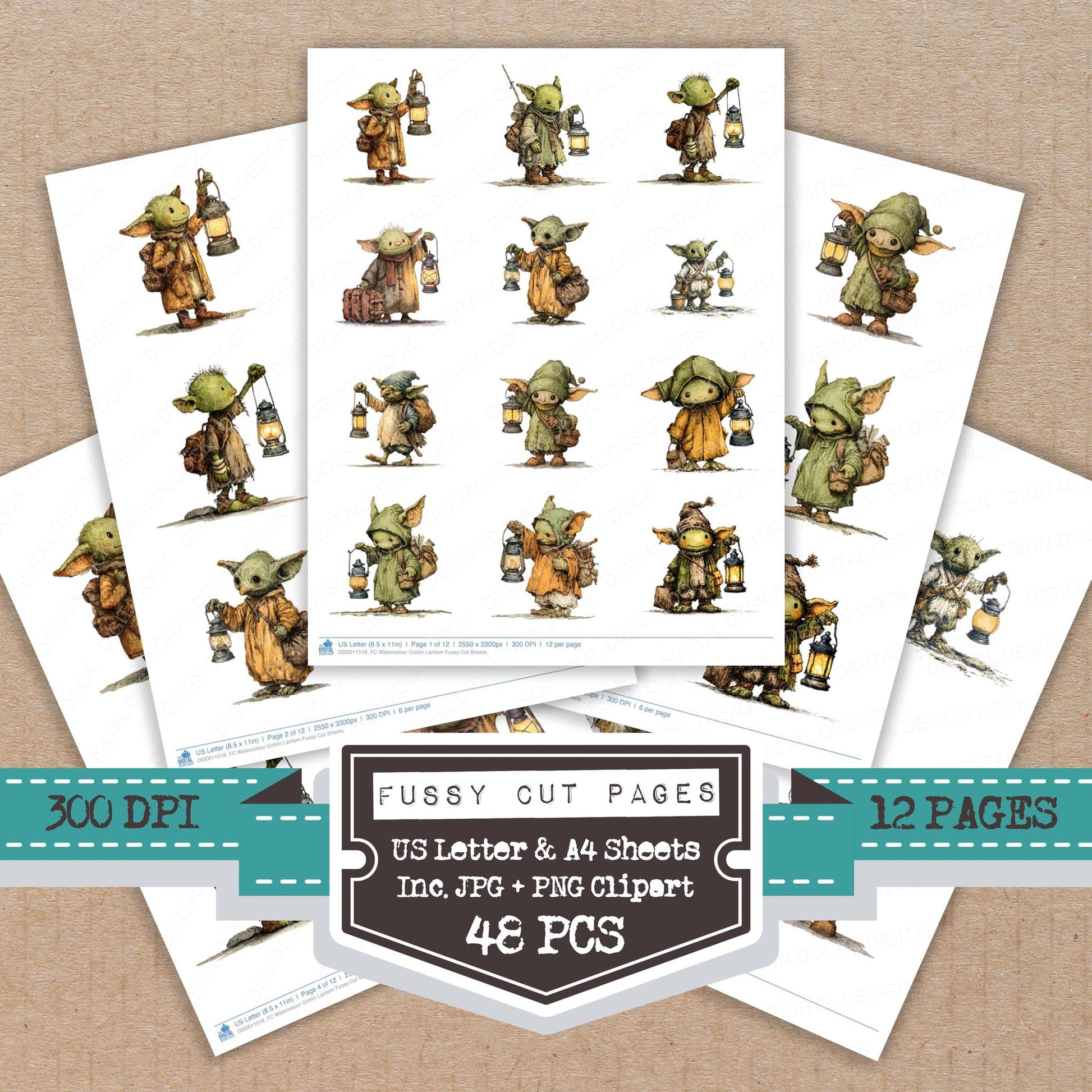 Watercolour Goblin Lantern fussy cut printable sheets for junk journaling, scrapbooking, and paper craft projects