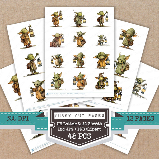 Watercolour Goblin Lantern fussy cut printable sheets for junk journaling, scrapbooking, and paper craft projects