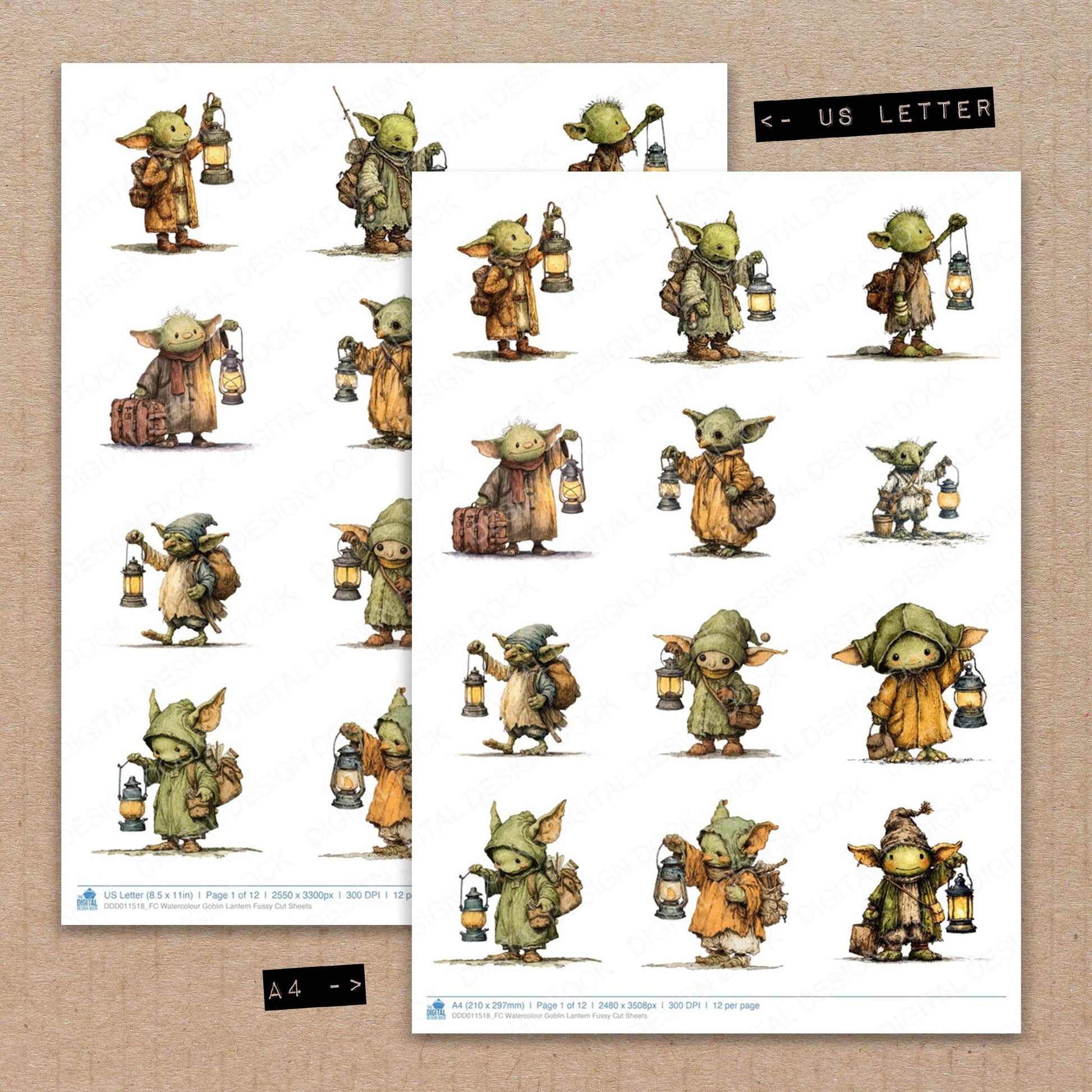 A4 and US Letter format comparison showing Watercolour Goblin Lantern fussy cut pages for print and cut crafting