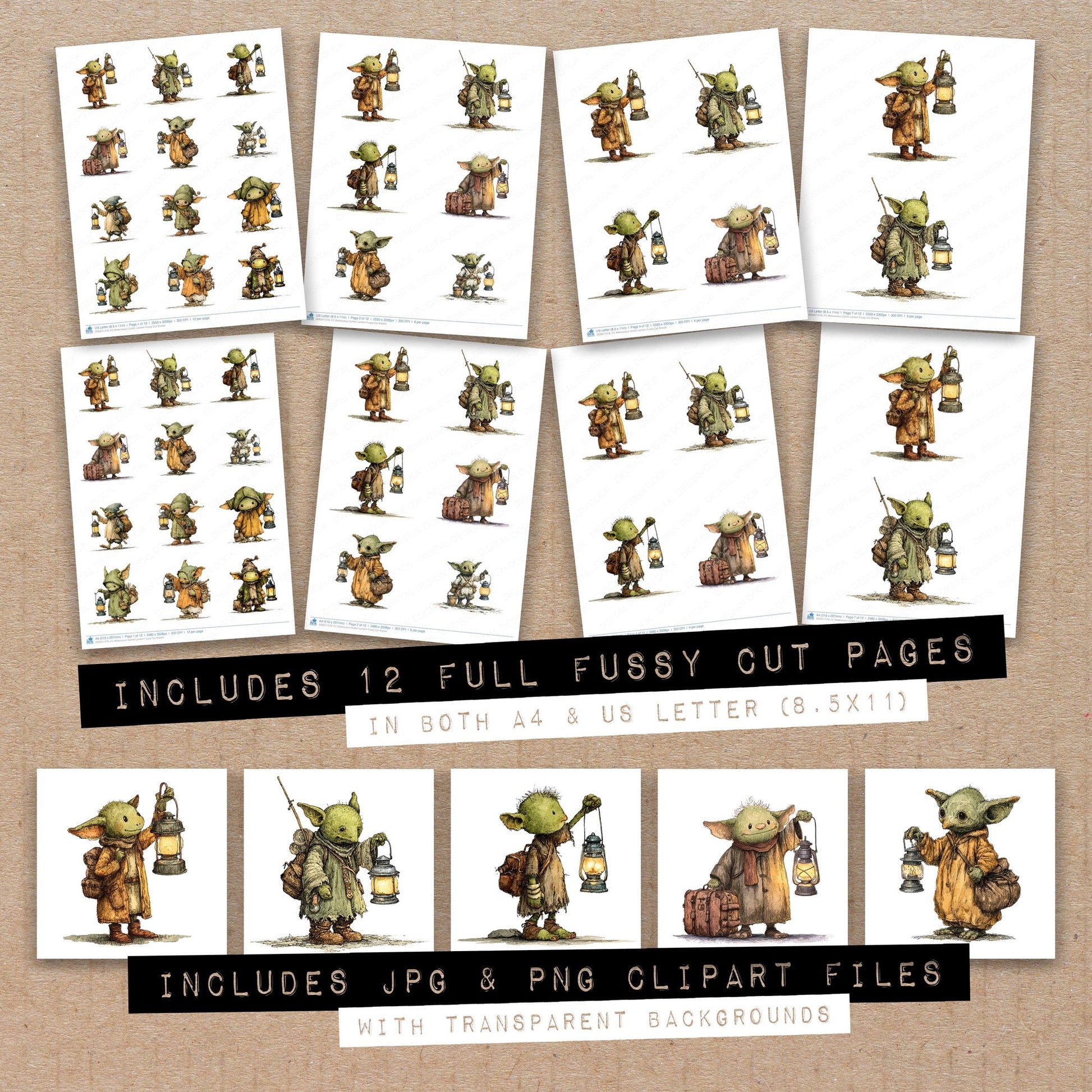 Full collection view of Watercolour Goblin Lantern fussy cut sheets with bonus clipart JPG and PNG files