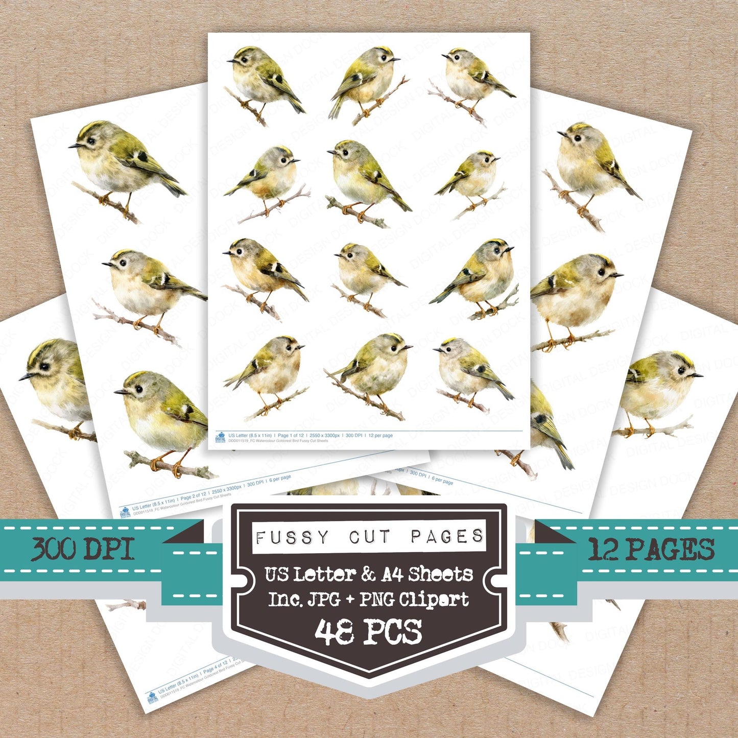 Watercolour Goldcrest Bird fussy cut printable sheets for junk journaling, scrapbooking, and paper craft projects