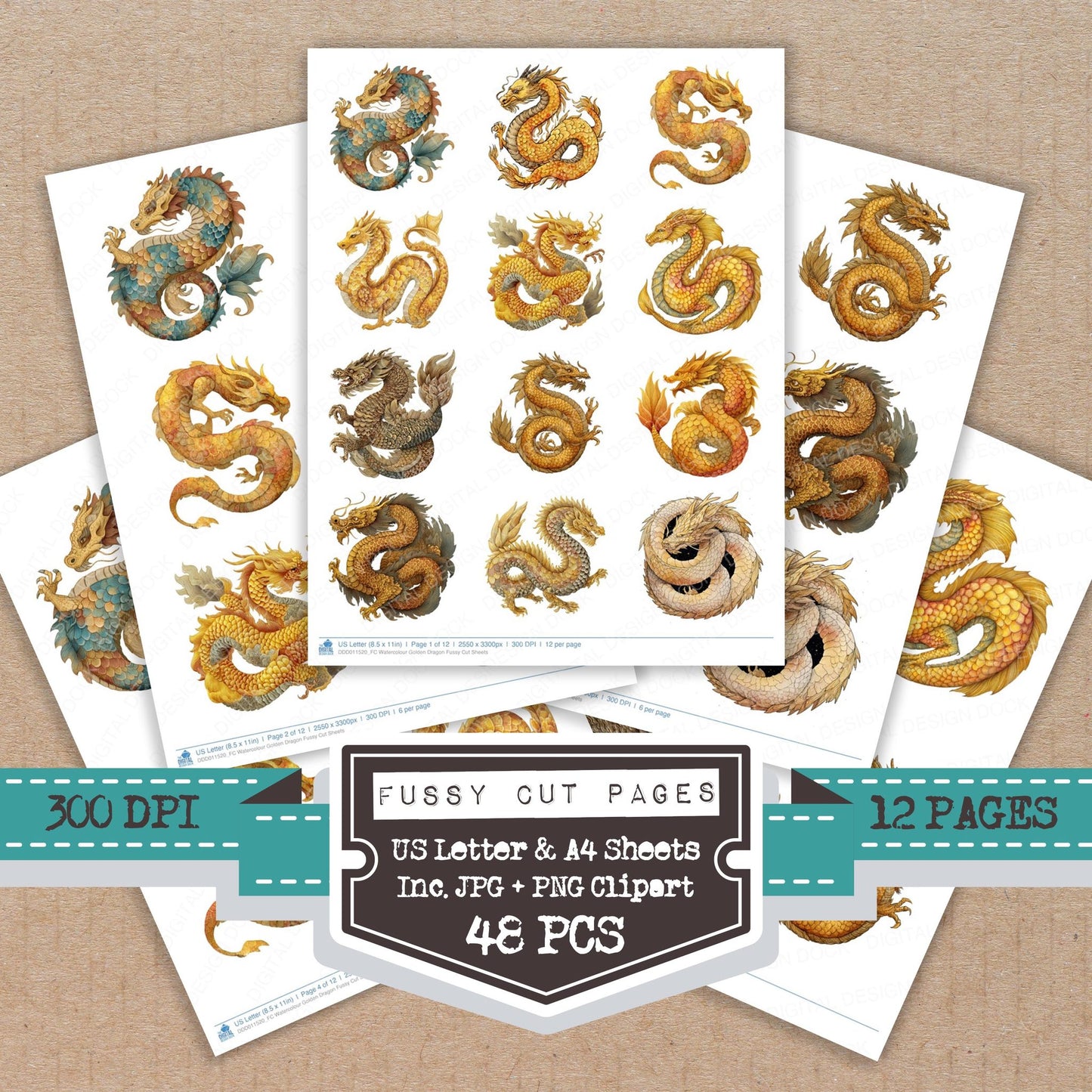Watercolour Golden Dragon fussy cut printable sheets for junk journaling, scrapbooking, and paper craft projects