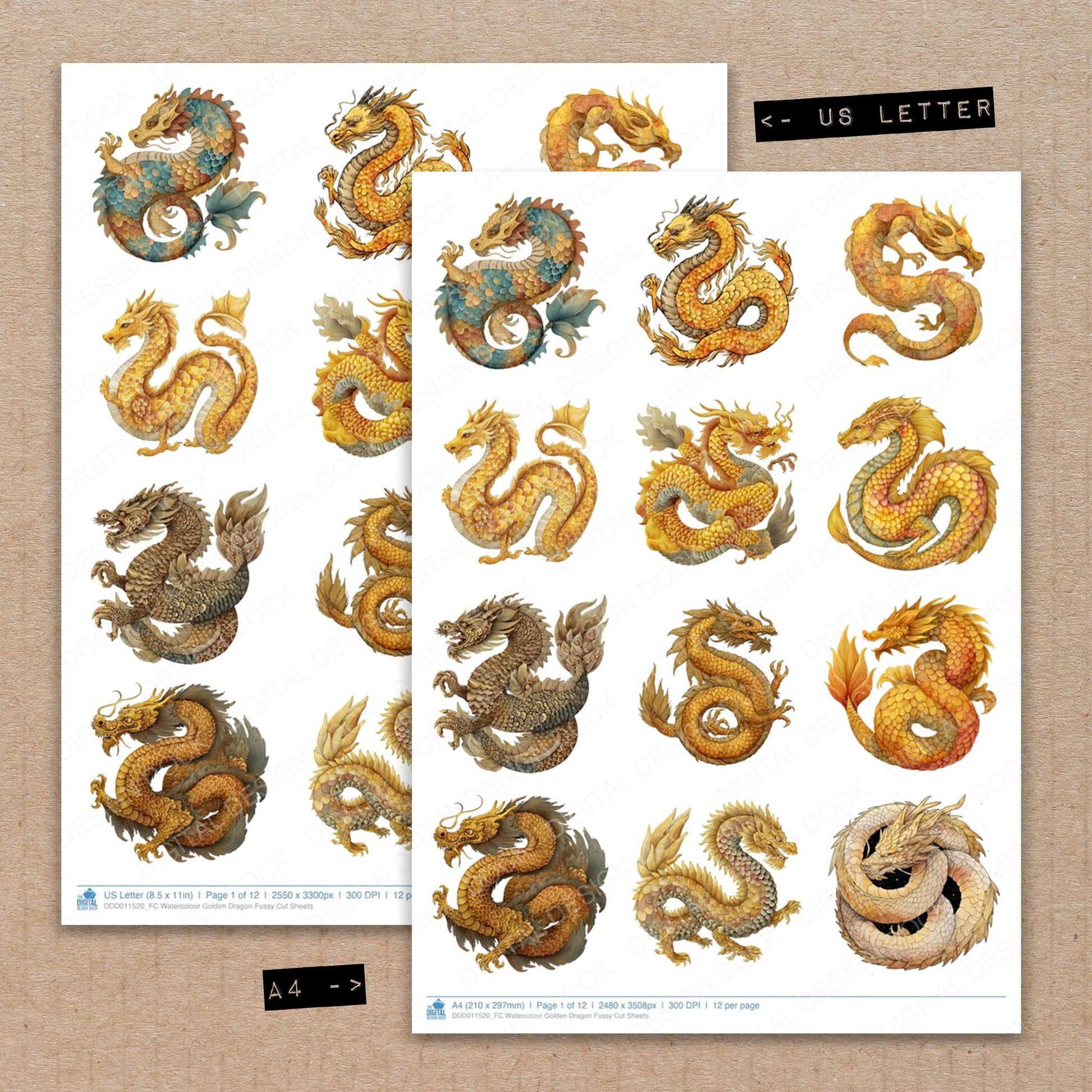 A4 and US Letter format comparison showing Watercolour Golden Dragon fussy cut pages for print and cut crafting