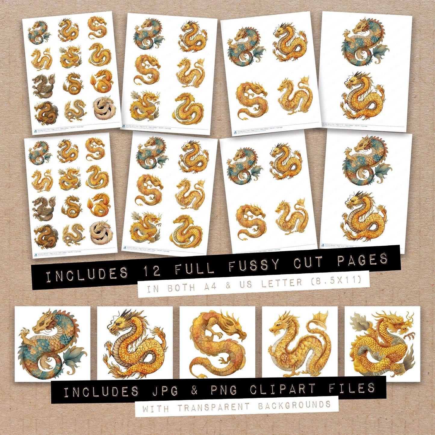 Full collection view of Watercolour Golden Dragon fussy cut sheets with bonus clipart JPG and PNG files