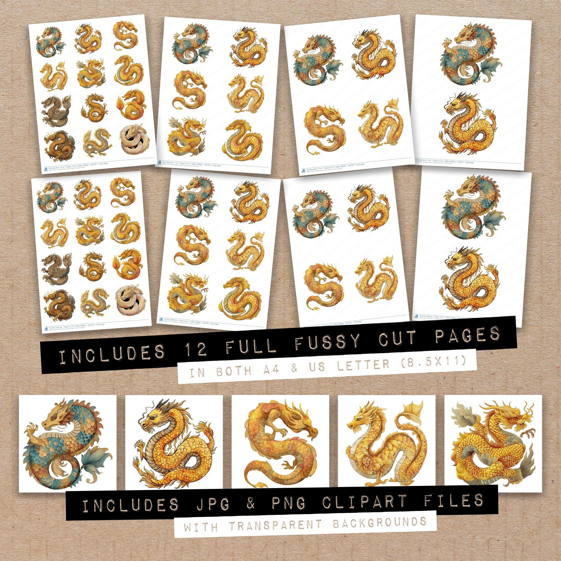 Full collection view of Watercolour Golden Dragon fussy cut sheets with bonus clipart JPG and PNG files