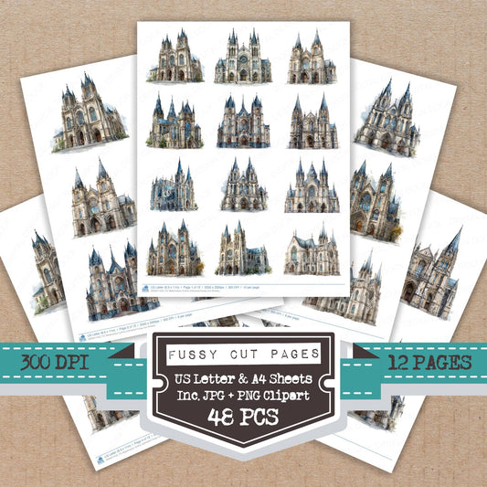 Watercolour Gothic Cathedral fussy cut printable sheets for junk journaling, scrapbooking, and paper craft projects
