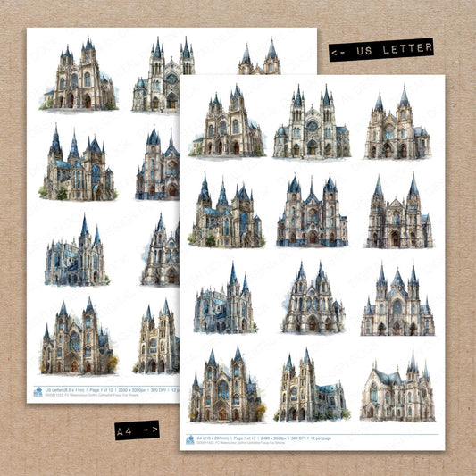 A4 and US Letter format comparison showing Watercolour Gothic Cathedral fussy cut pages for print and cut crafting