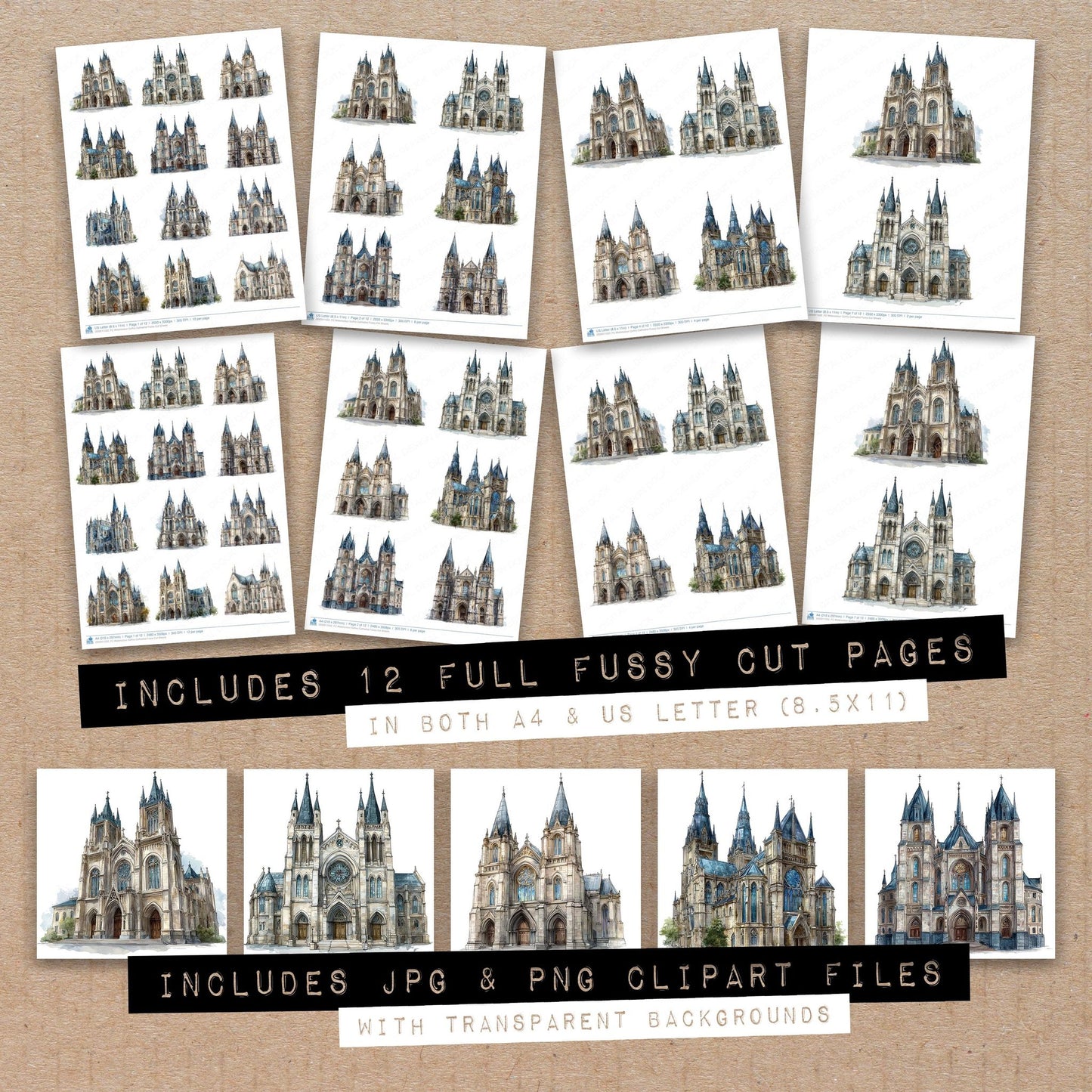 Full collection view of Watercolour Gothic Cathedral fussy cut sheets with bonus clipart JPG and PNG files