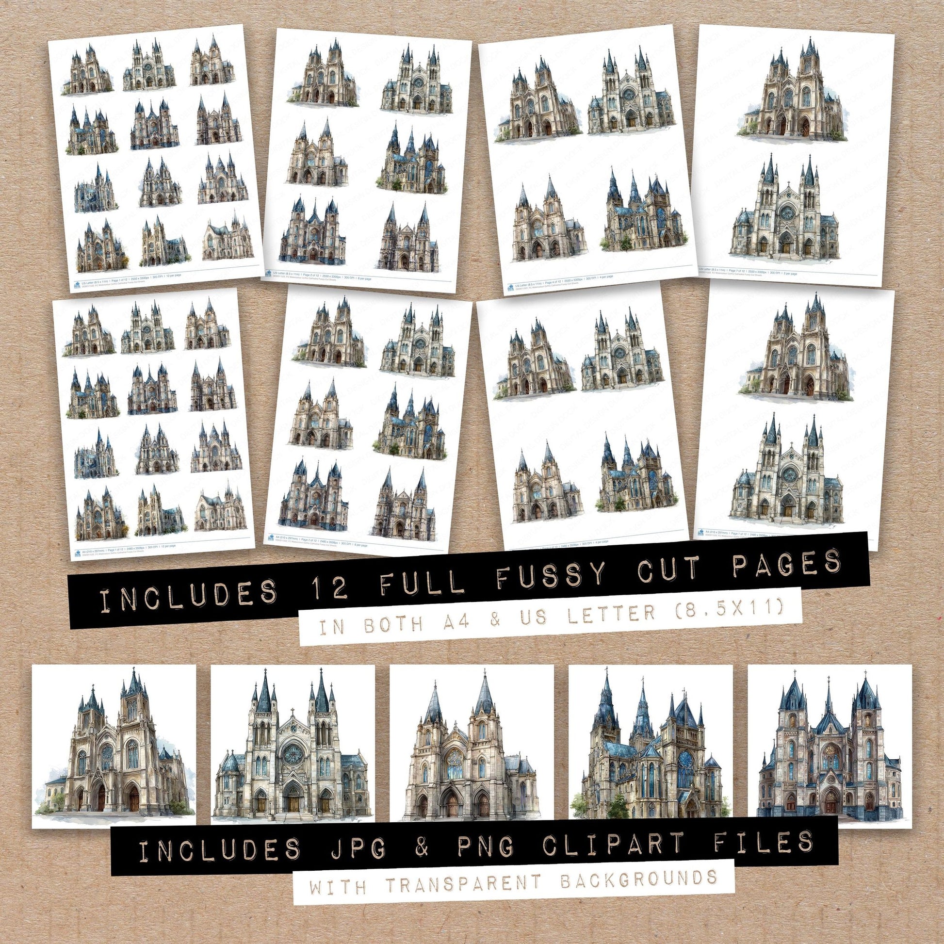 Full collection view of Watercolour Gothic Cathedral fussy cut sheets with bonus clipart JPG and PNG files