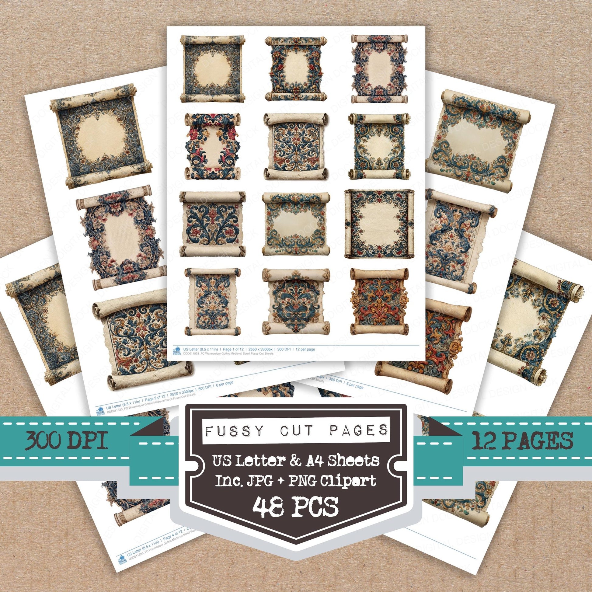 Watercolour Gothic Medieval Scroll fussy cut printable sheets for junk journaling, scrapbooking, and paper craft projects