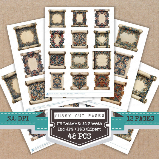 Watercolour Gothic Medieval Scroll fussy cut printable sheets for junk journaling, scrapbooking, and paper craft projects
