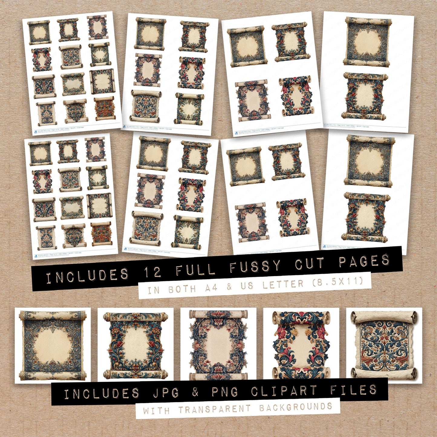 Full collection view of Watercolour Gothic Medieval Scroll fussy cut sheets with bonus clipart JPG and PNG files