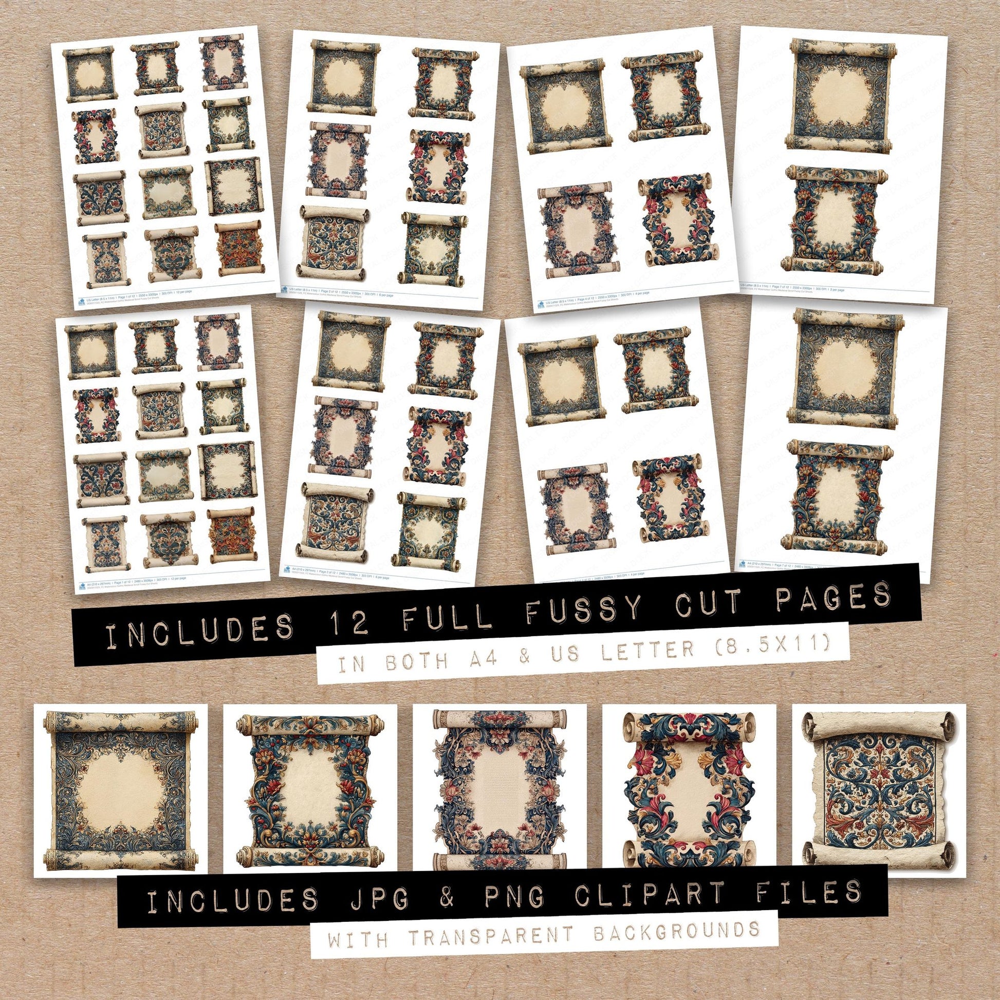 Full collection view of Watercolour Gothic Medieval Scroll fussy cut sheets with bonus clipart JPG and PNG files
