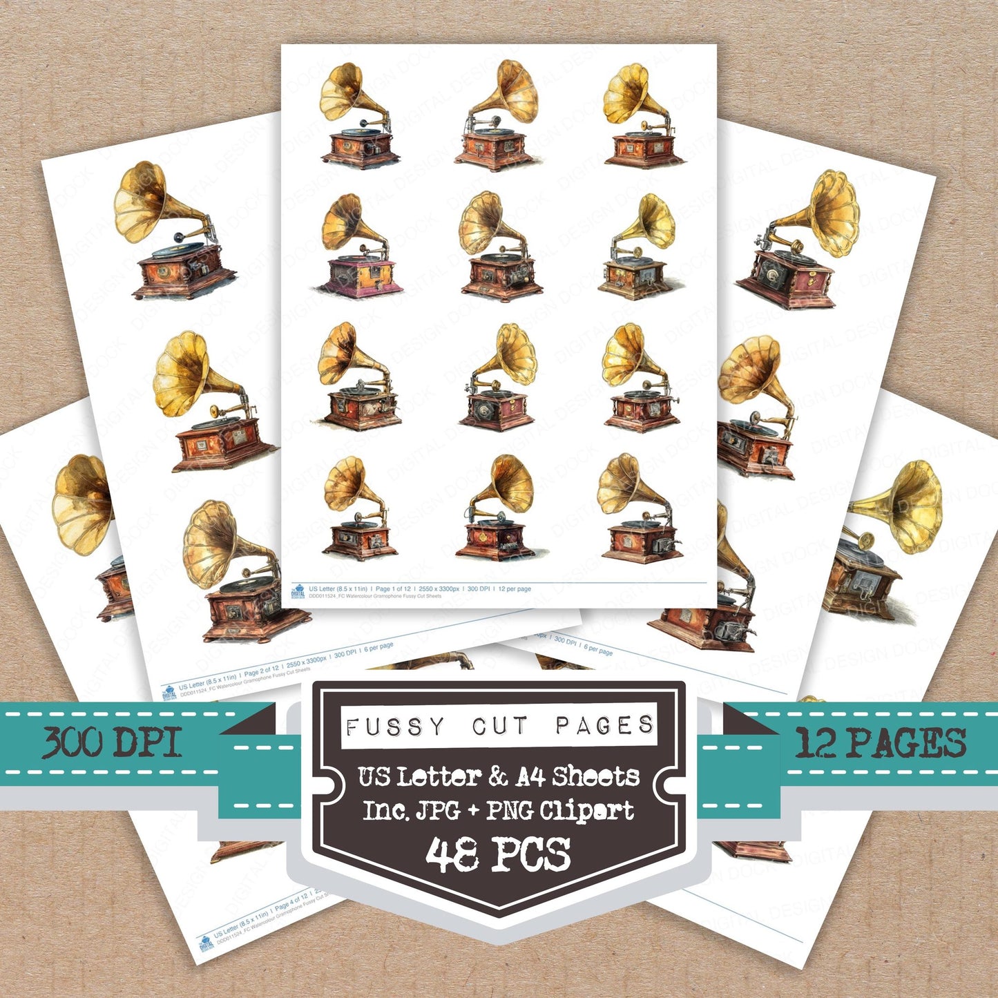 Watercolour Gramophone fussy cut printable sheets for junk journaling, scrapbooking, and paper craft projects