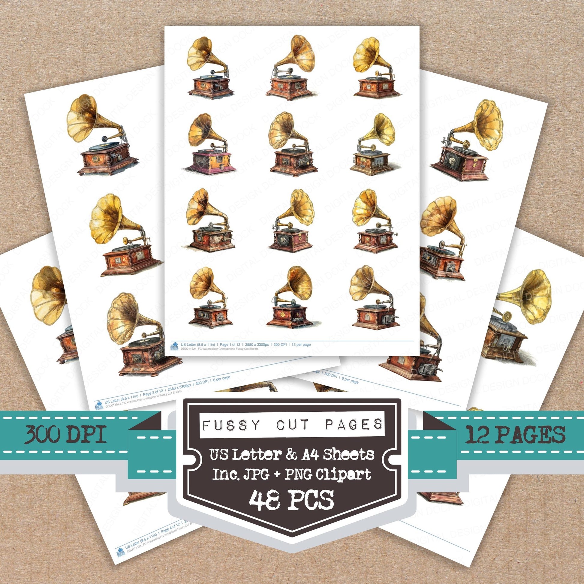 Watercolour Gramophone fussy cut printable sheets for junk journaling, scrapbooking, and paper craft projects