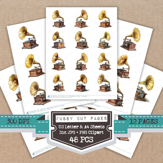 Watercolour Gramophone fussy cut printable sheets for junk journaling, scrapbooking, and paper craft projects