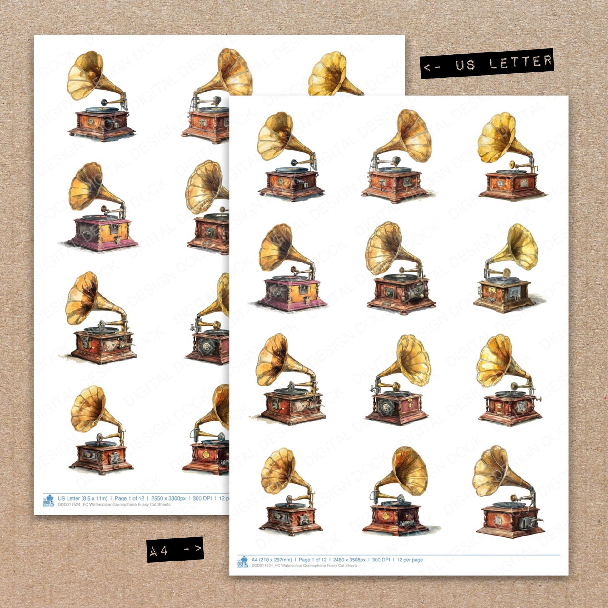 A4 and US Letter format comparison showing Watercolour Gramophone fussy cut pages for print and cut crafting
