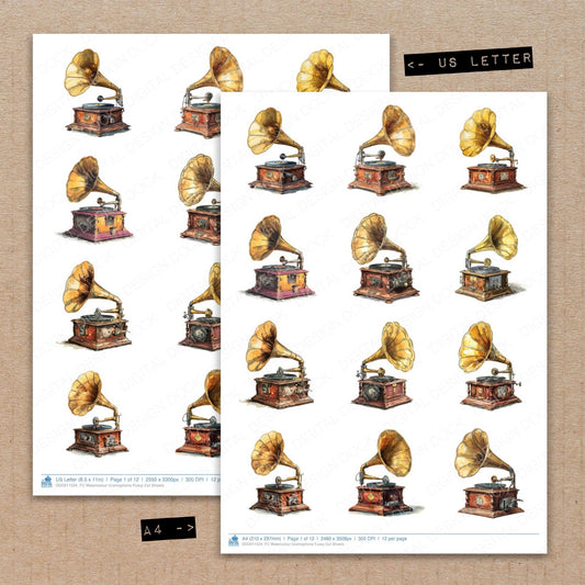 A4 and US Letter format comparison showing Watercolour Gramophone fussy cut pages for print and cut crafting