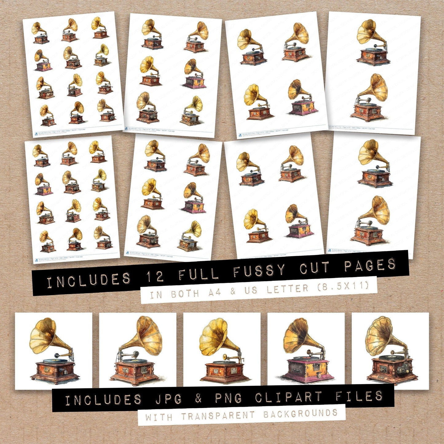Full collection view of Watercolour Gramophone fussy cut sheets with bonus clipart JPG and PNG files