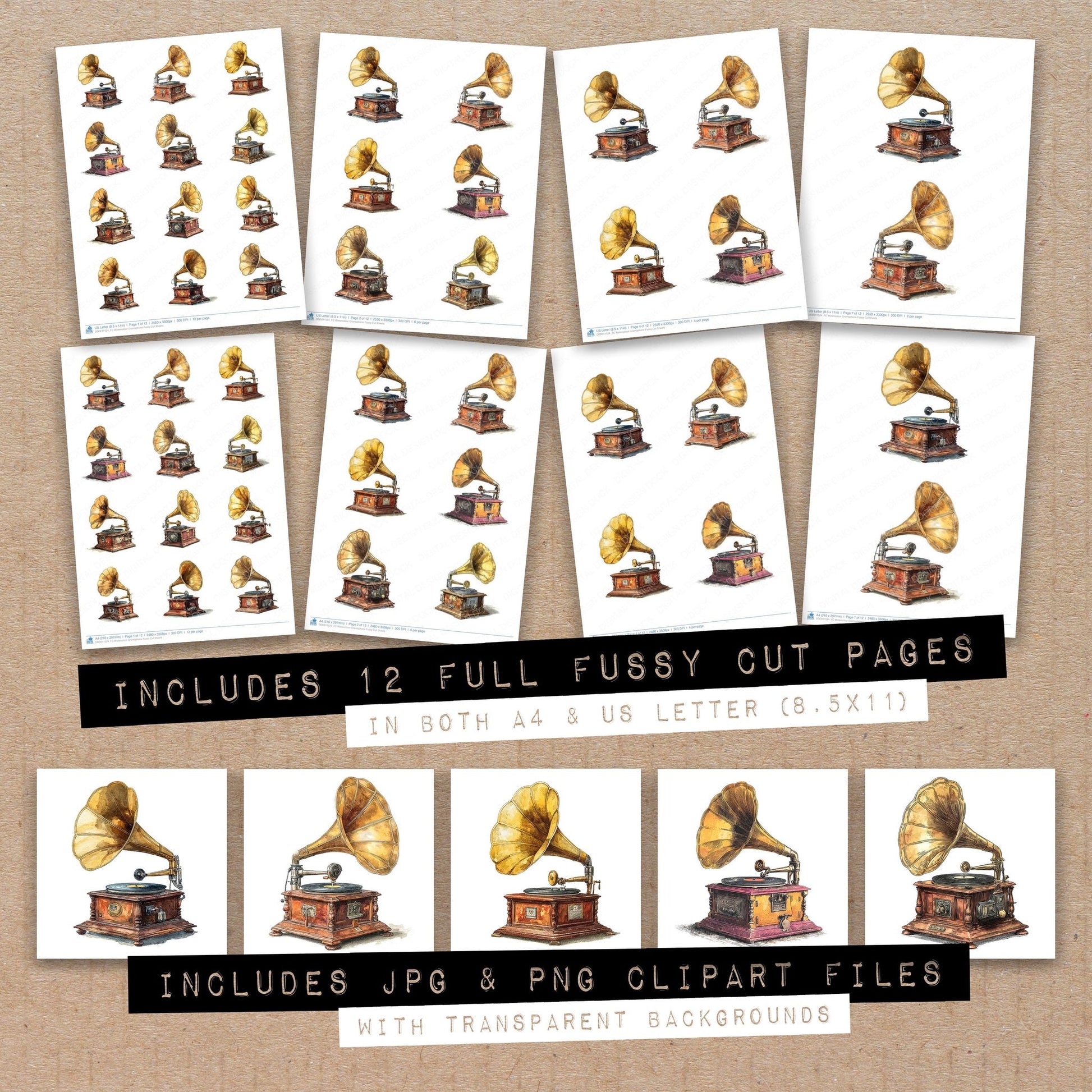 Full collection view of Watercolour Gramophone fussy cut sheets with bonus clipart JPG and PNG files