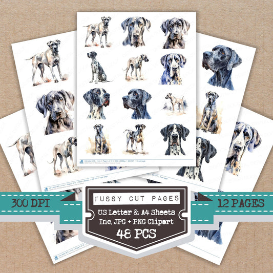 Watercolour Great Dane fussy cut printable sheets for junk journaling, scrapbooking, and paper craft projects