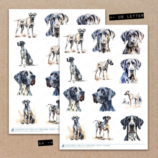A4 and US Letter format comparison showing Watercolour Great Dane fussy cut pages for print and cut crafting