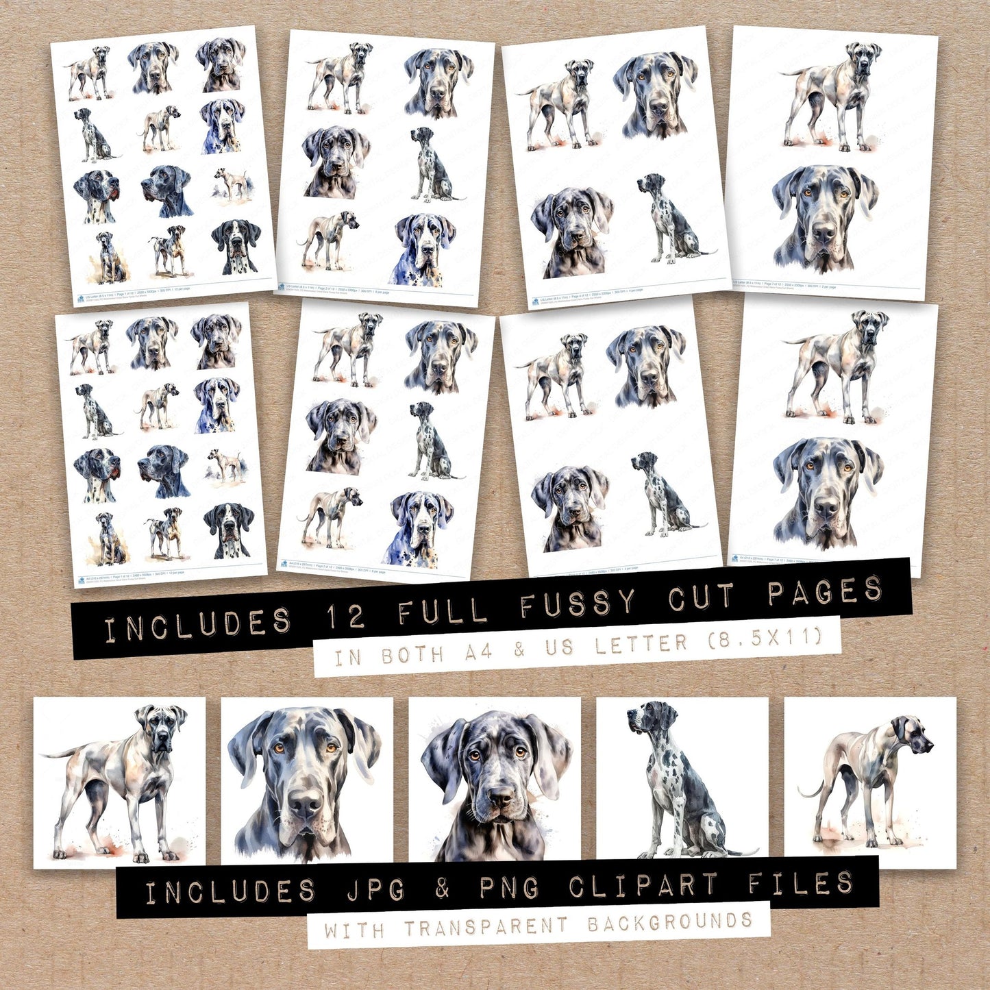 Full collection view of Watercolour Great Dane fussy cut sheets with bonus clipart JPG and PNG files