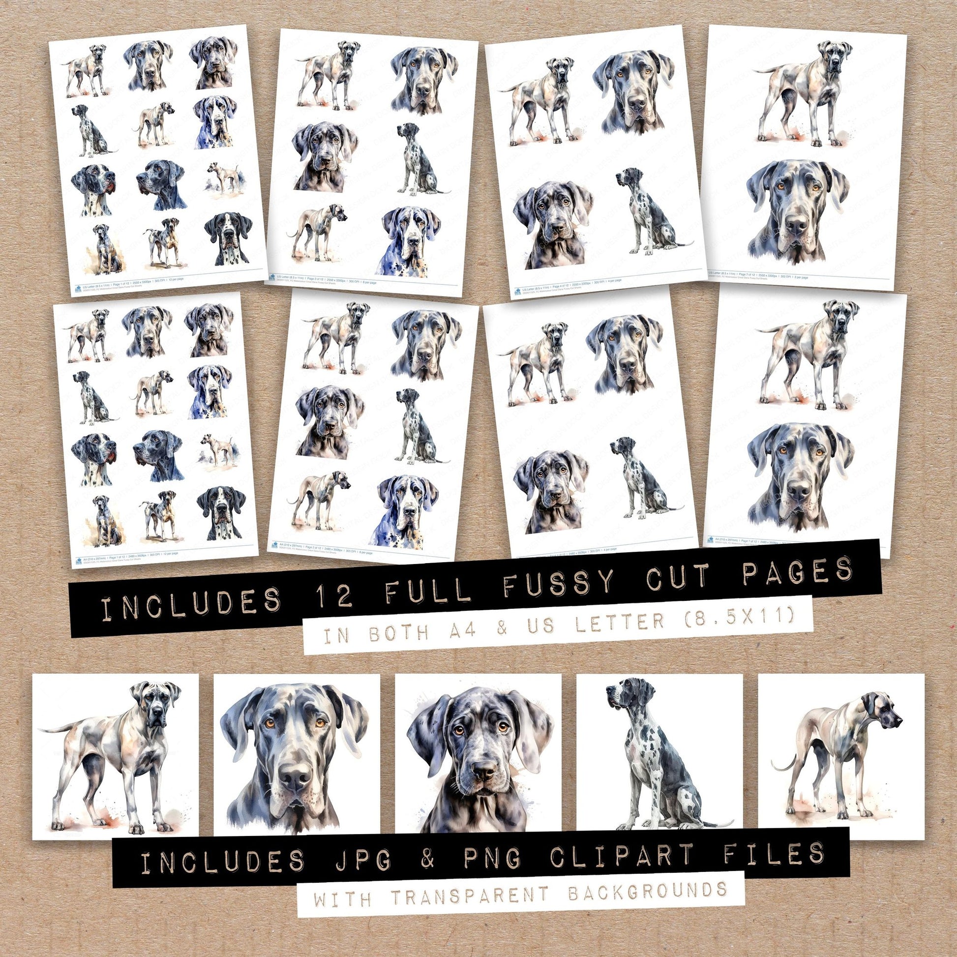 Full collection view of Watercolour Great Dane fussy cut sheets with bonus clipart JPG and PNG files