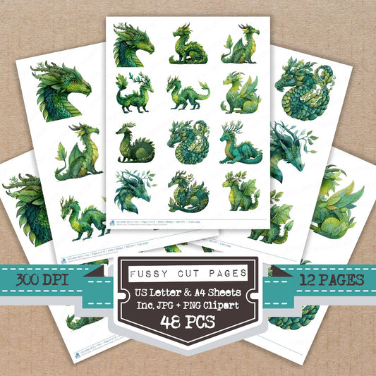Watercolour Green Dragon fussy cut printable sheets for junk journaling, scrapbooking, and paper craft projects