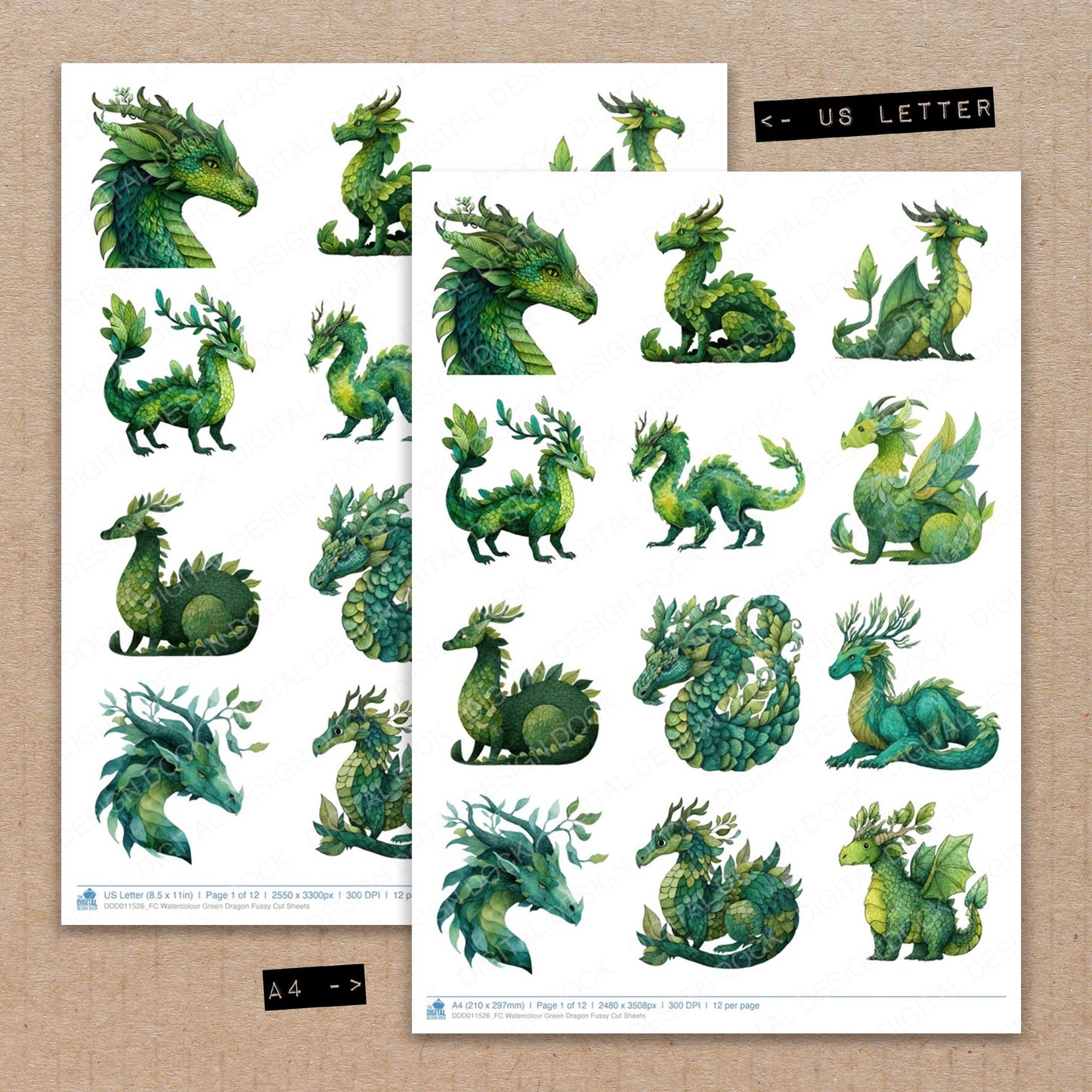 A4 and US Letter format comparison showing Watercolour Green Dragon fussy cut pages for print and cut crafting