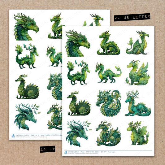 A4 and US Letter format comparison showing Watercolour Green Dragon fussy cut pages for print and cut crafting