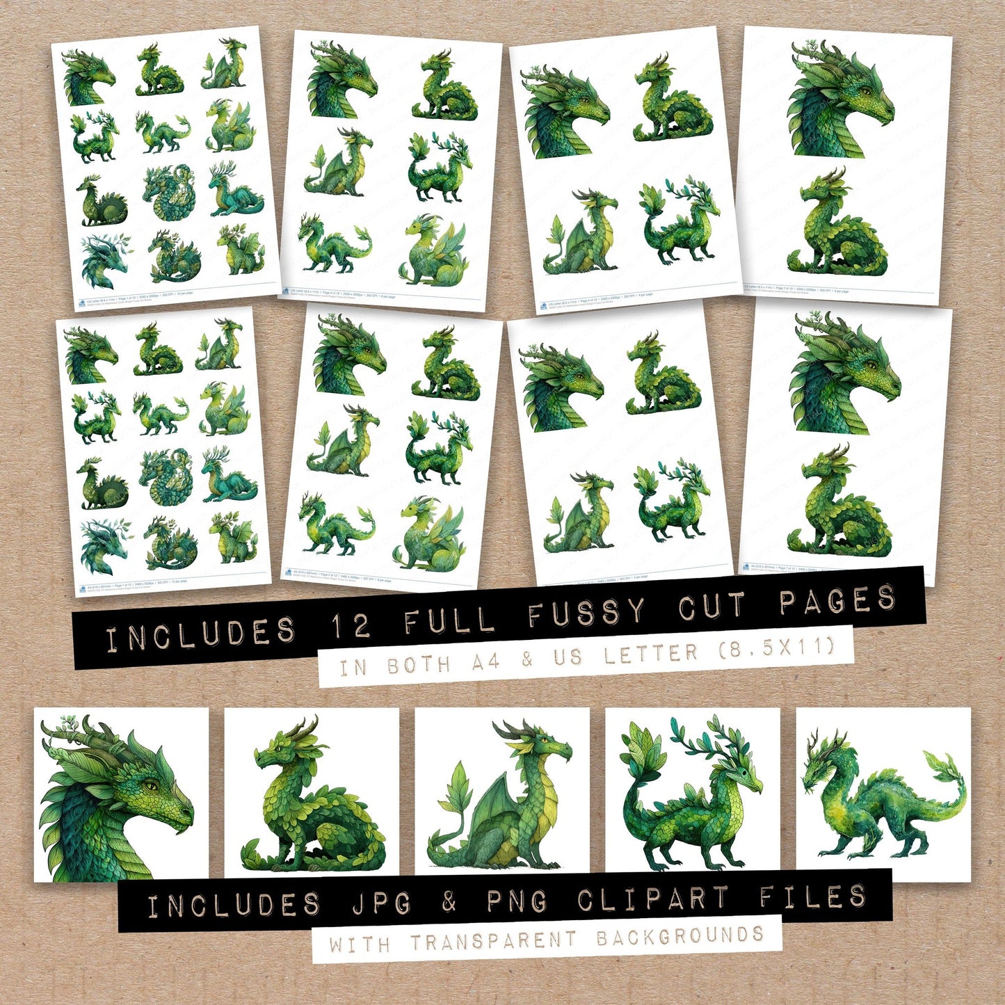 Full collection view of Watercolour Green Dragon fussy cut sheets with bonus clipart JPG and PNG files