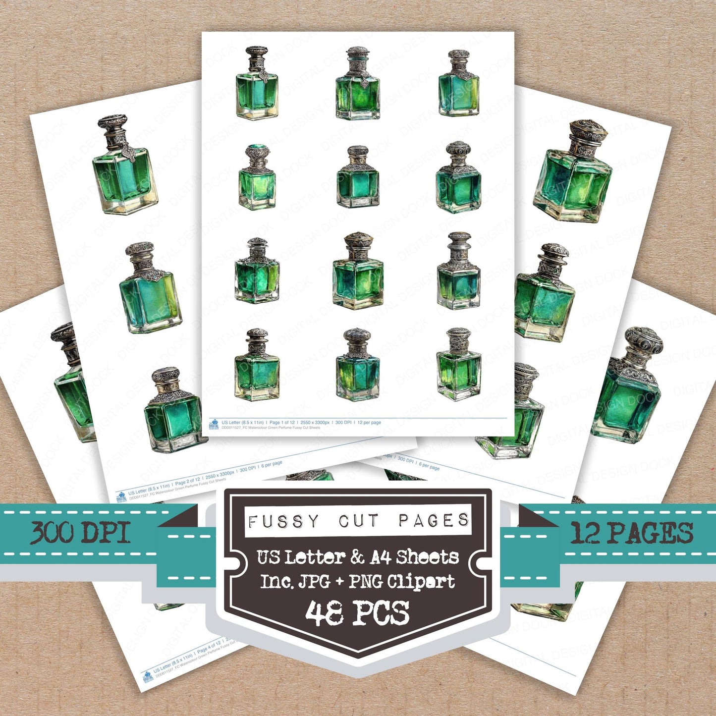 Watercolour Green Perfume fussy cut printable sheets for junk journaling, scrapbooking, and paper craft projects