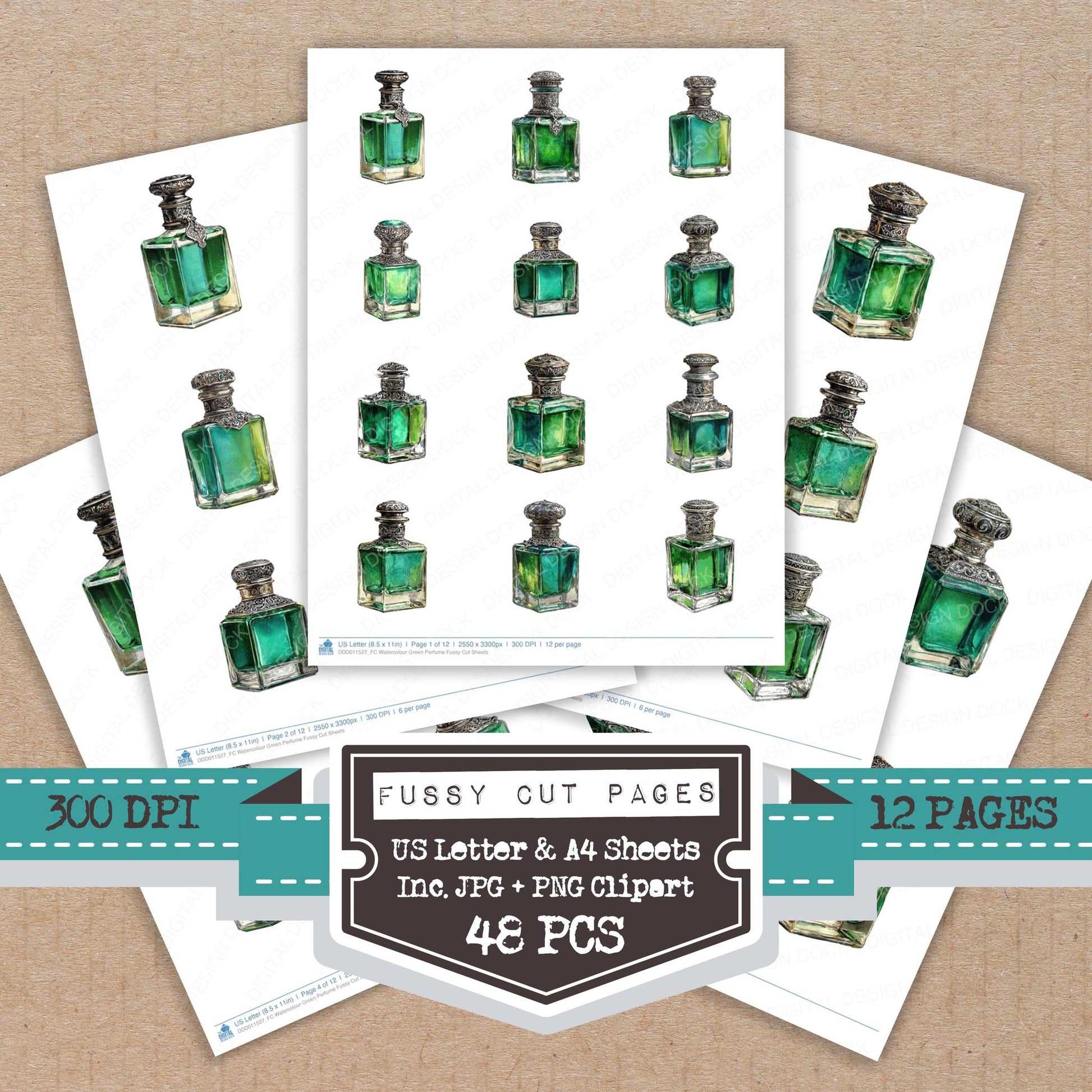 Watercolour Green Perfume fussy cut printable sheets for junk journaling, scrapbooking, and paper craft projects